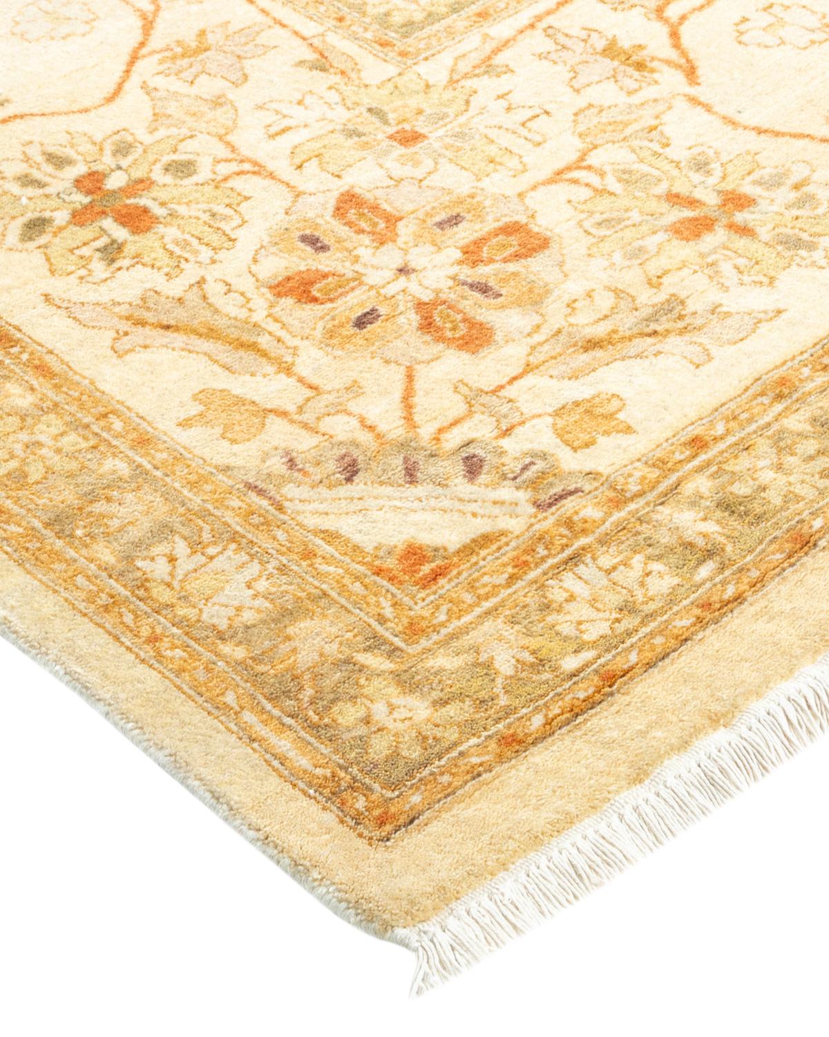 Wool One-Of-A-Kind Hand Made Traditional Mogul Ivory Area Rug For Sale