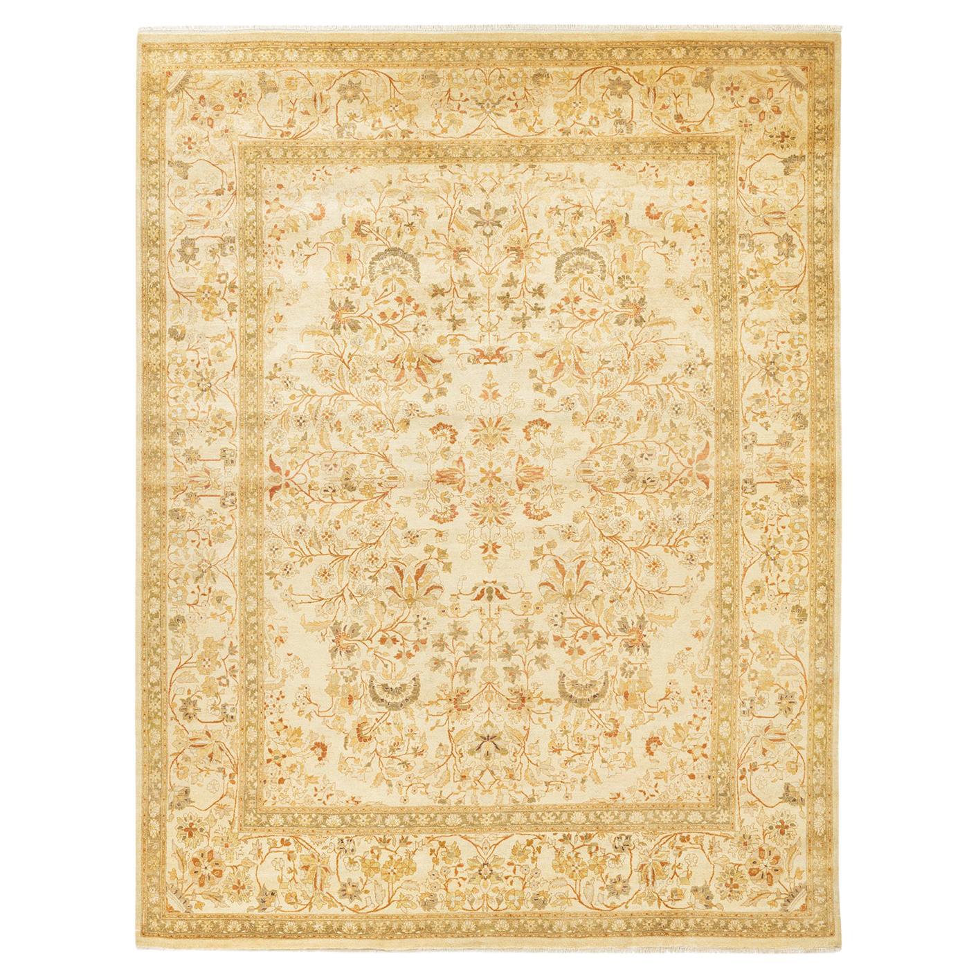 One-Of-A-Kind Hand Made Traditional Mogul Ivory Area Rug For Sale