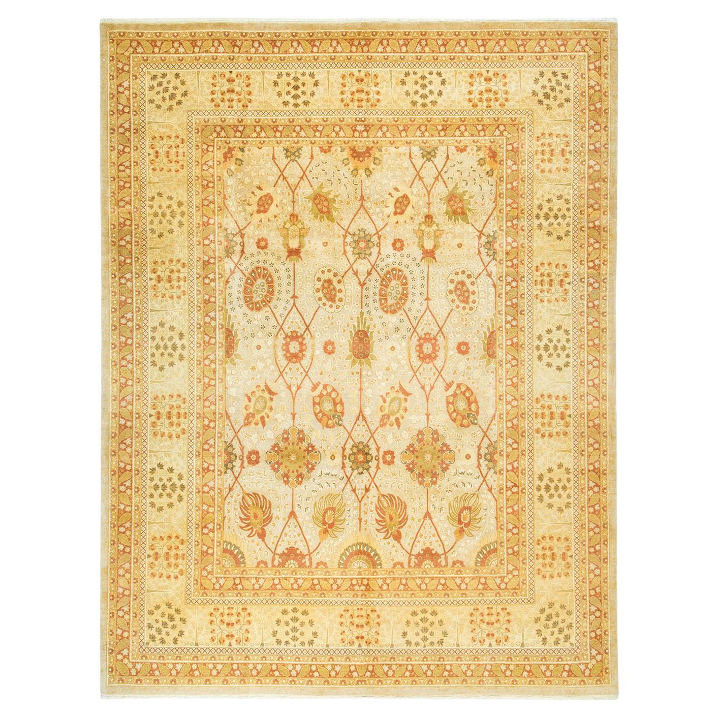 One-Of-A-Kind Hand Made Traditional Mogul Ivory Area Rug