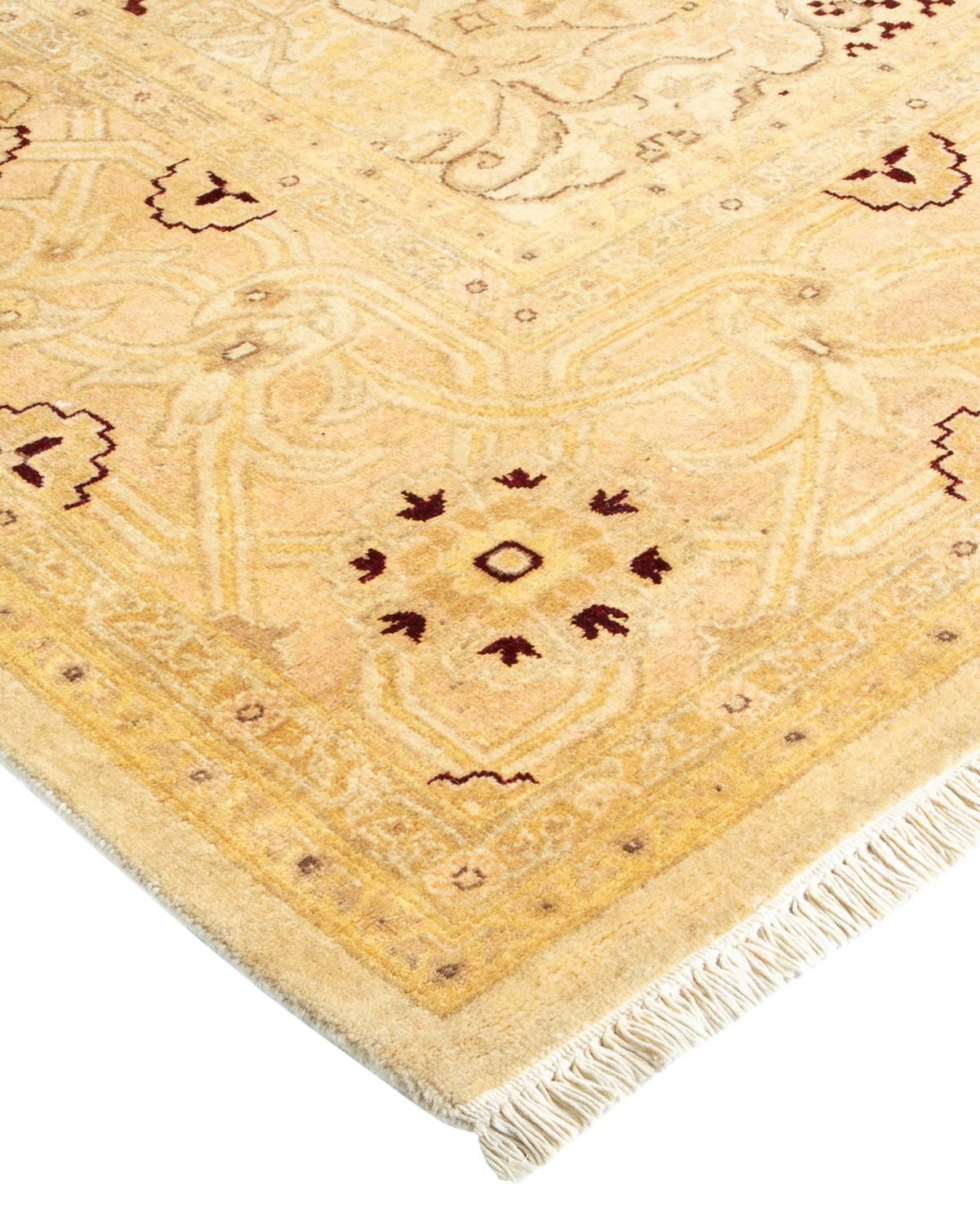 Wool One-Of-A-Kind Hand Made Traditional Mogul Ivory Area Rug For Sale