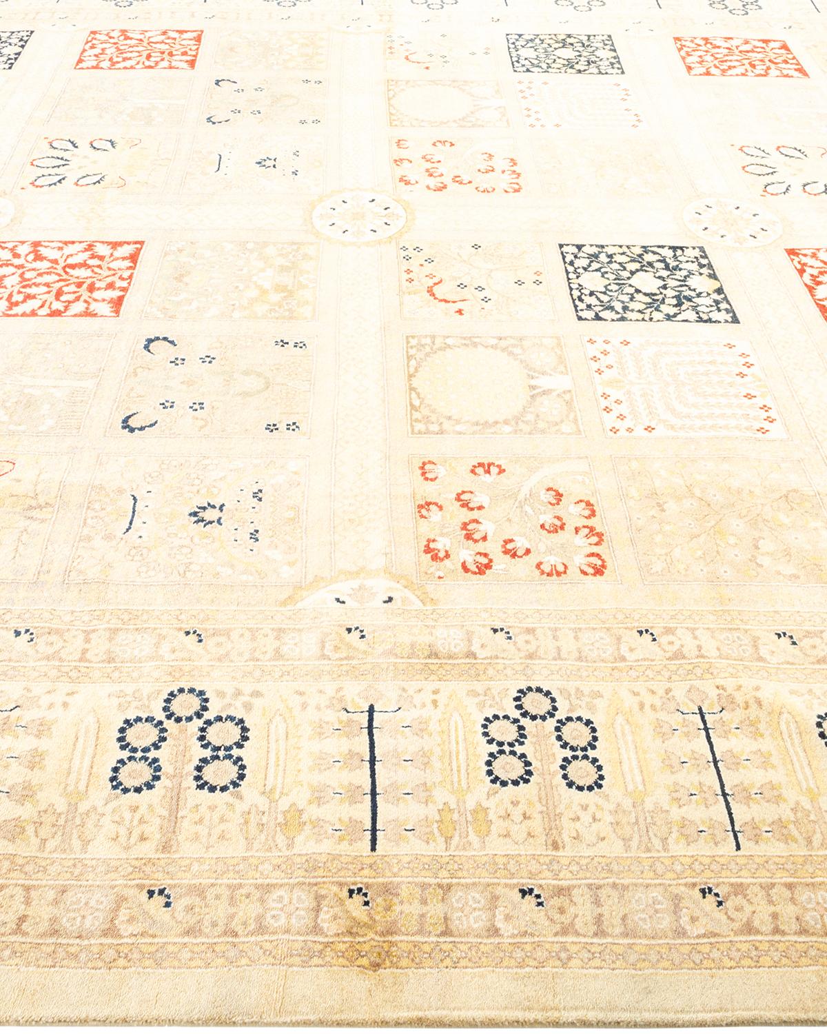 One-Of-A-Kind Hand Made Traditional Mogul Ivory Area Rug In New Condition For Sale In Norwalk, CT
