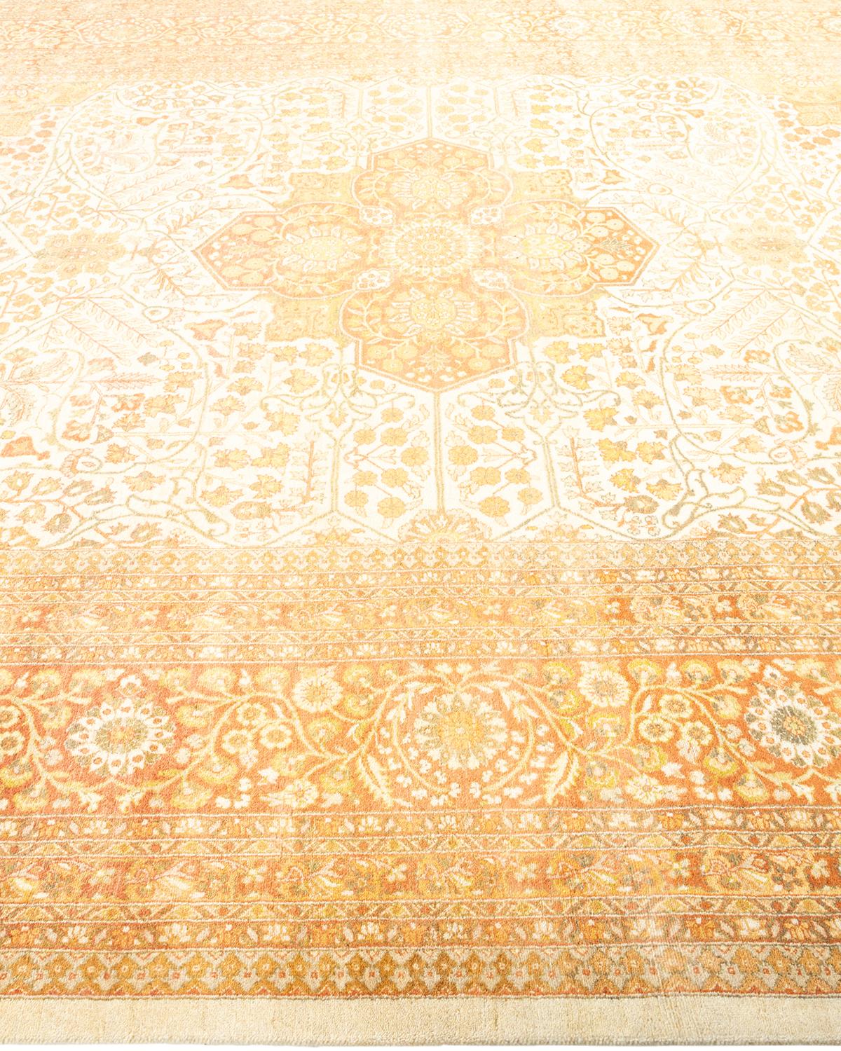 One-of-a-Kind Hand Made Traditional Mogul Ivory Area Rug In New Condition For Sale In Norwalk, CT