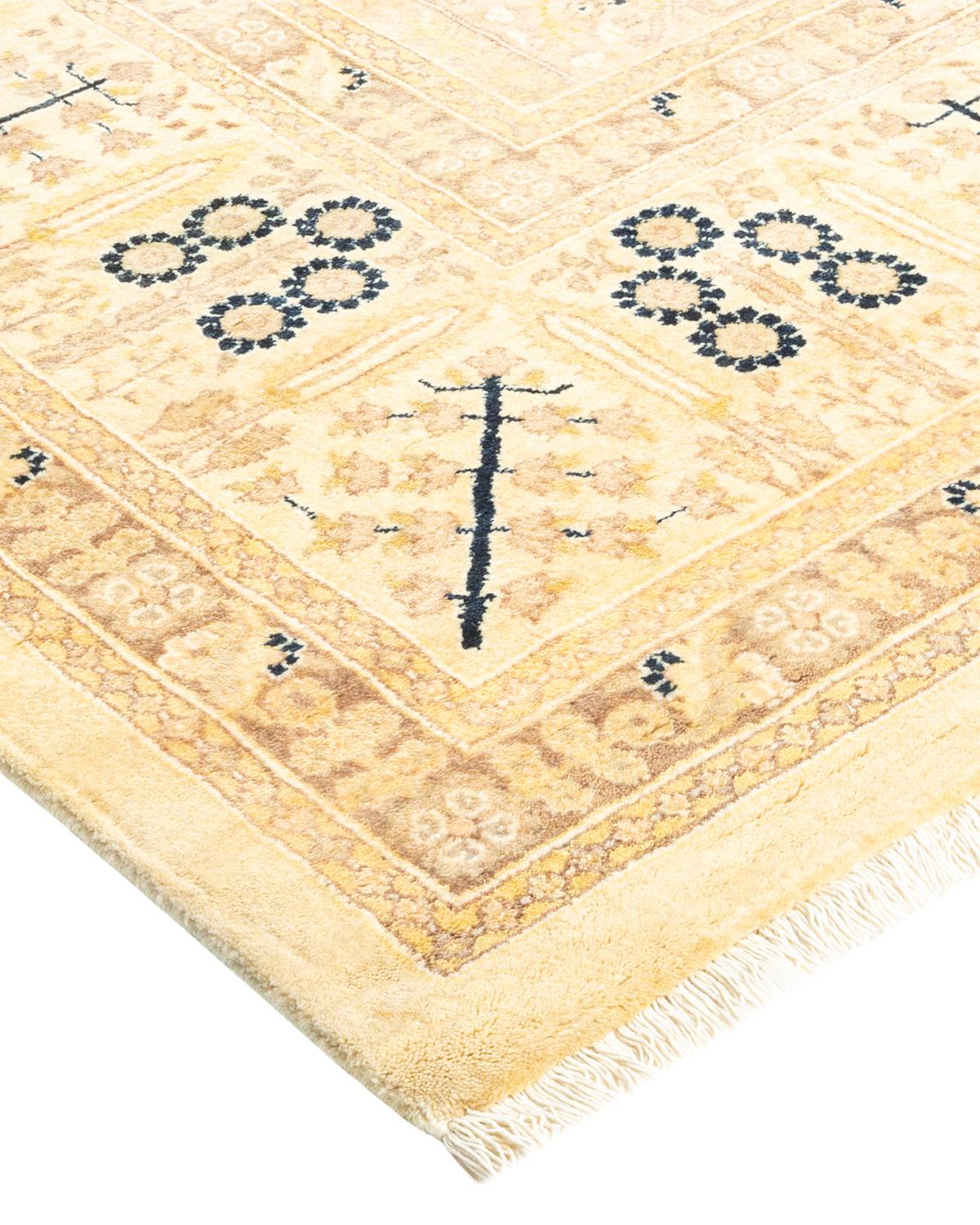Wool One-Of-A-Kind Hand Made Traditional Mogul Ivory Area Rug For Sale