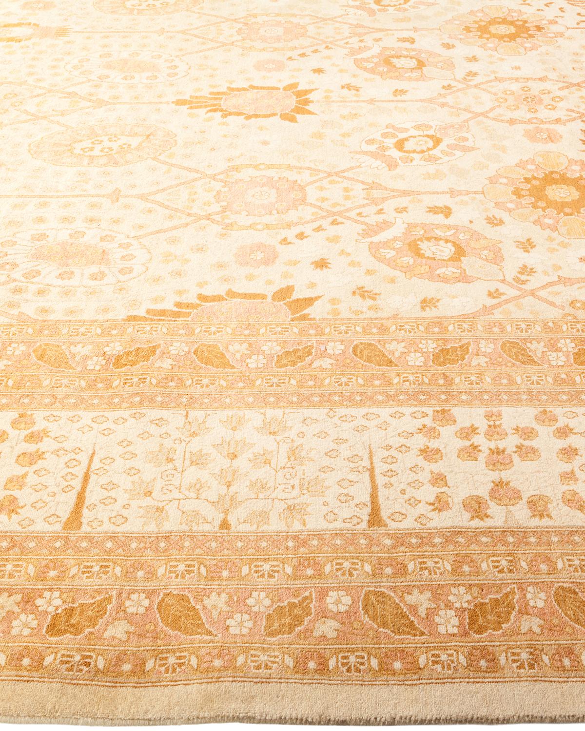 One-of-a-Kind Hand Made Traditional Mogul Ivory Area Rug In New Condition For Sale In Norwalk, CT