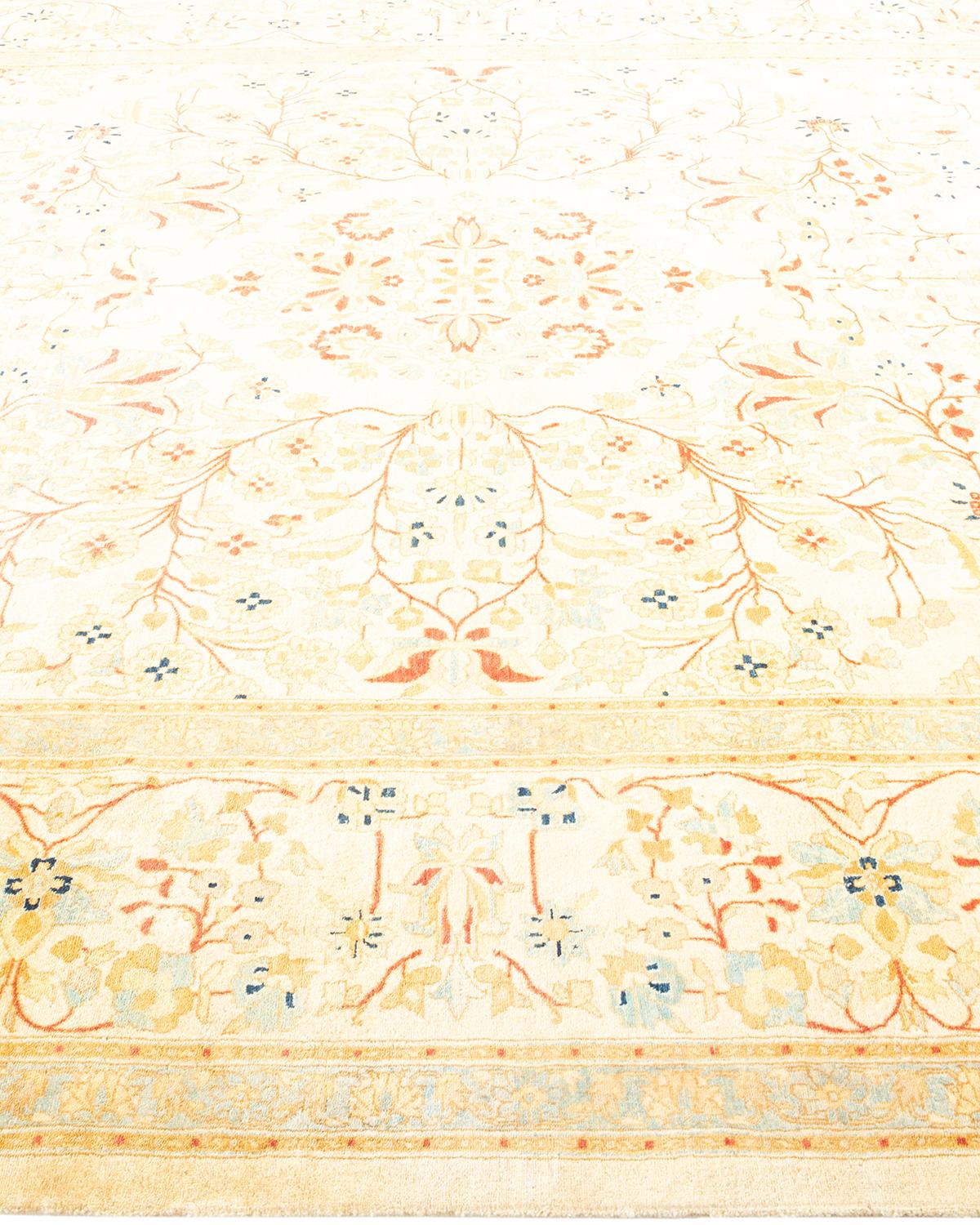 One-Of-A-Kind Hand Made Traditional Mogul Ivory Area Rug In New Condition For Sale In Norwalk, CT