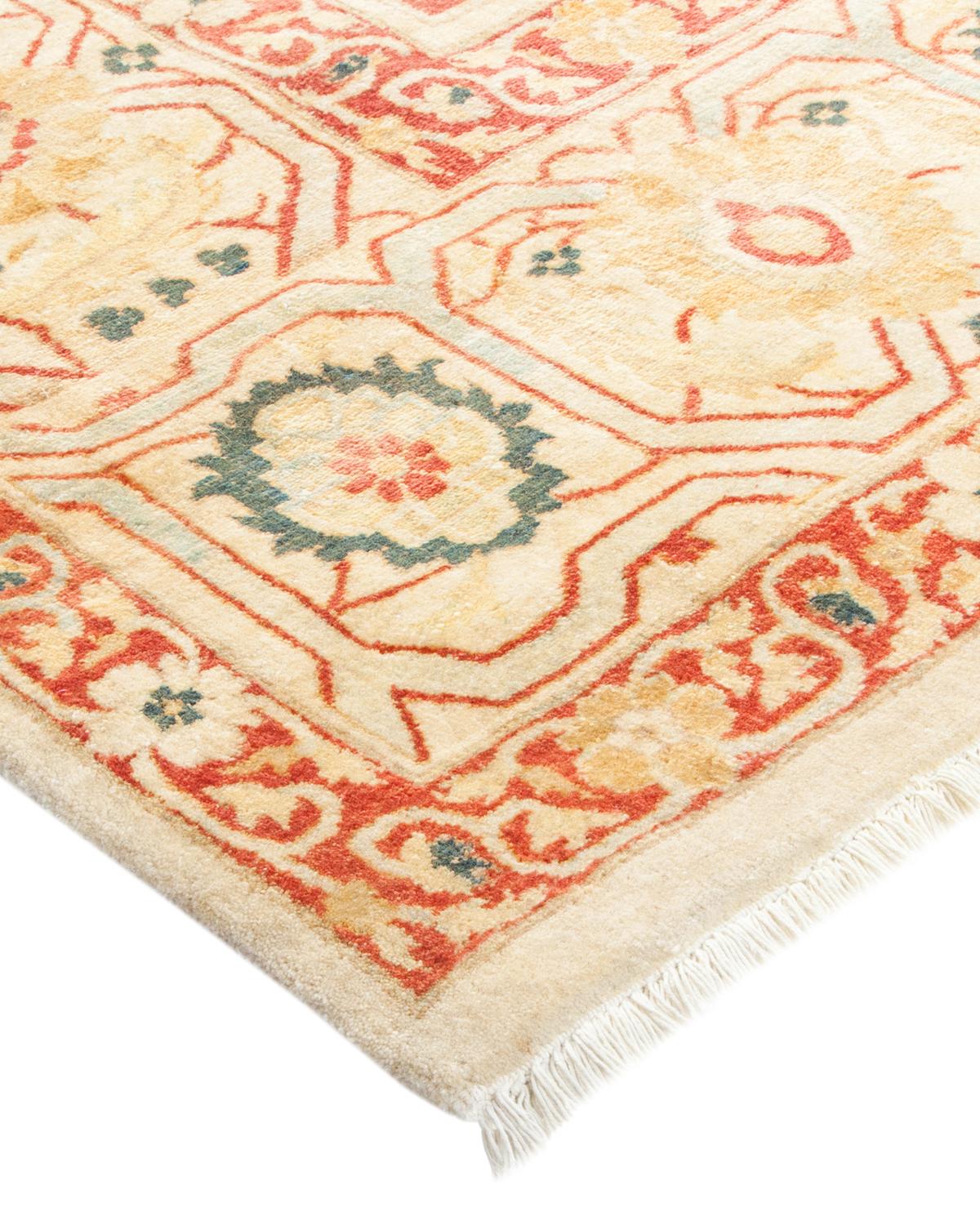 Wool One-Of-A-Kind Hand Made Traditional Mogul Ivory Area Rug For Sale