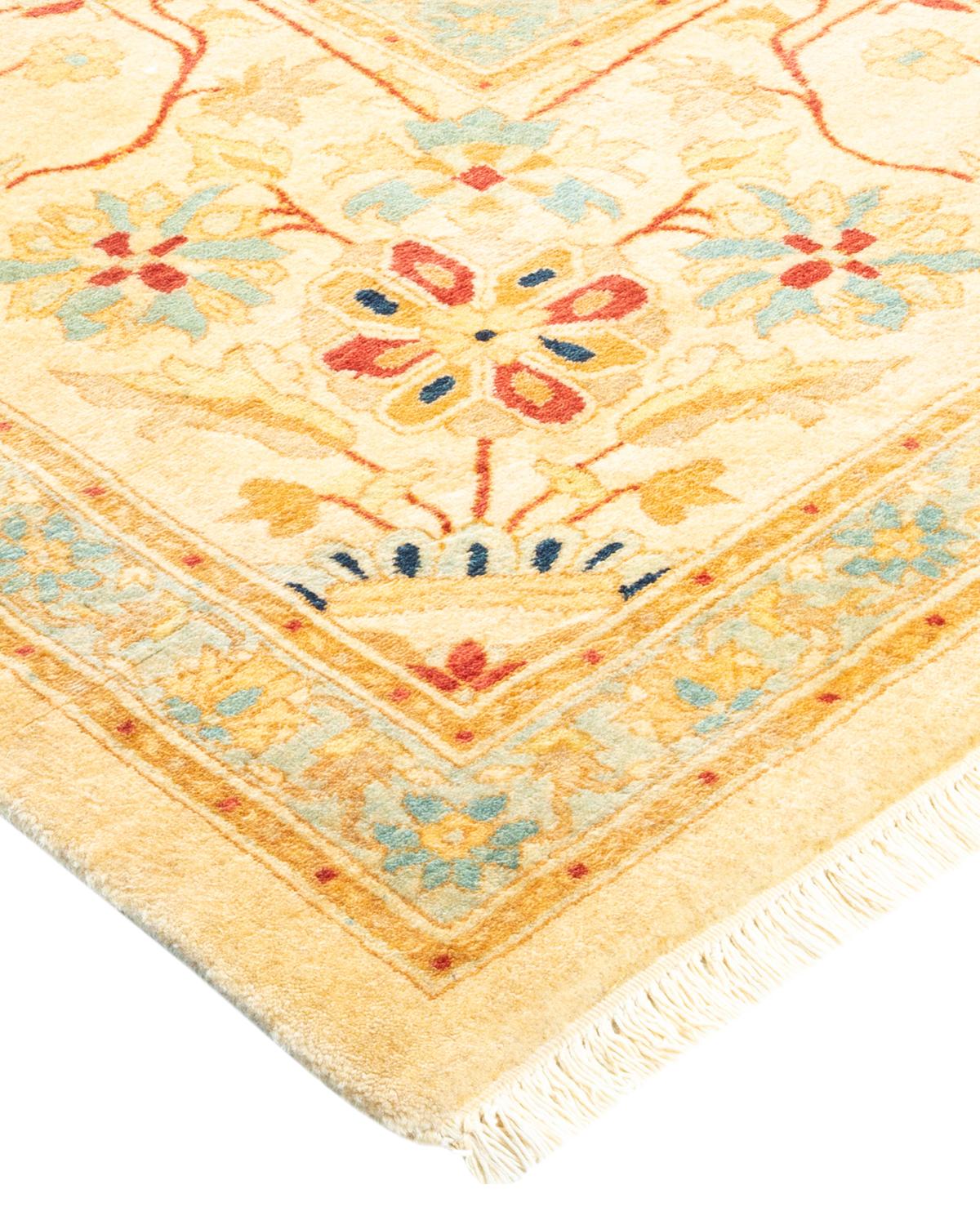 Wool One-Of-A-Kind Hand Made Traditional Mogul Ivory Area Rug For Sale