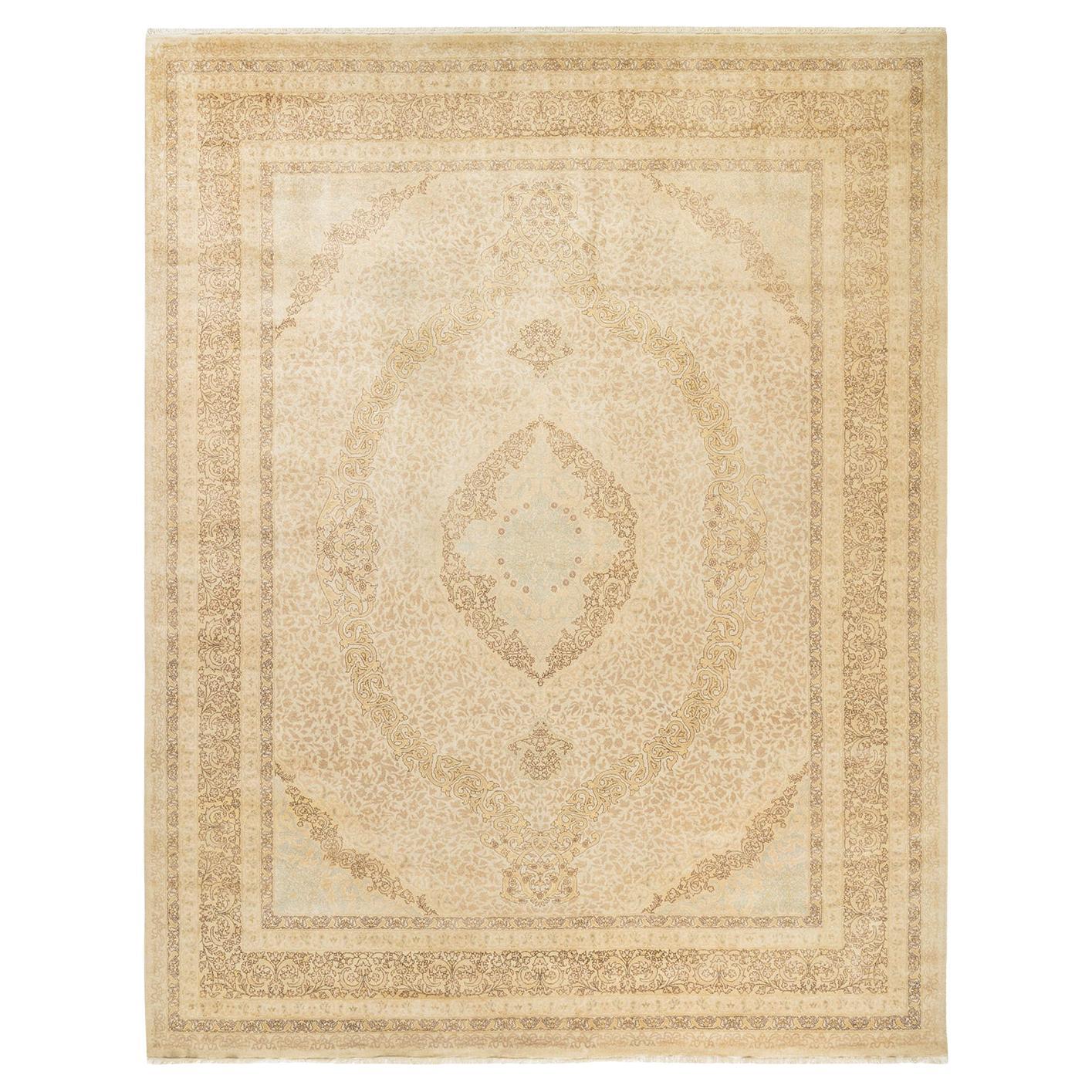 Tapis traditionnel ivoire Mogul unique en son genre fabriqué à la main