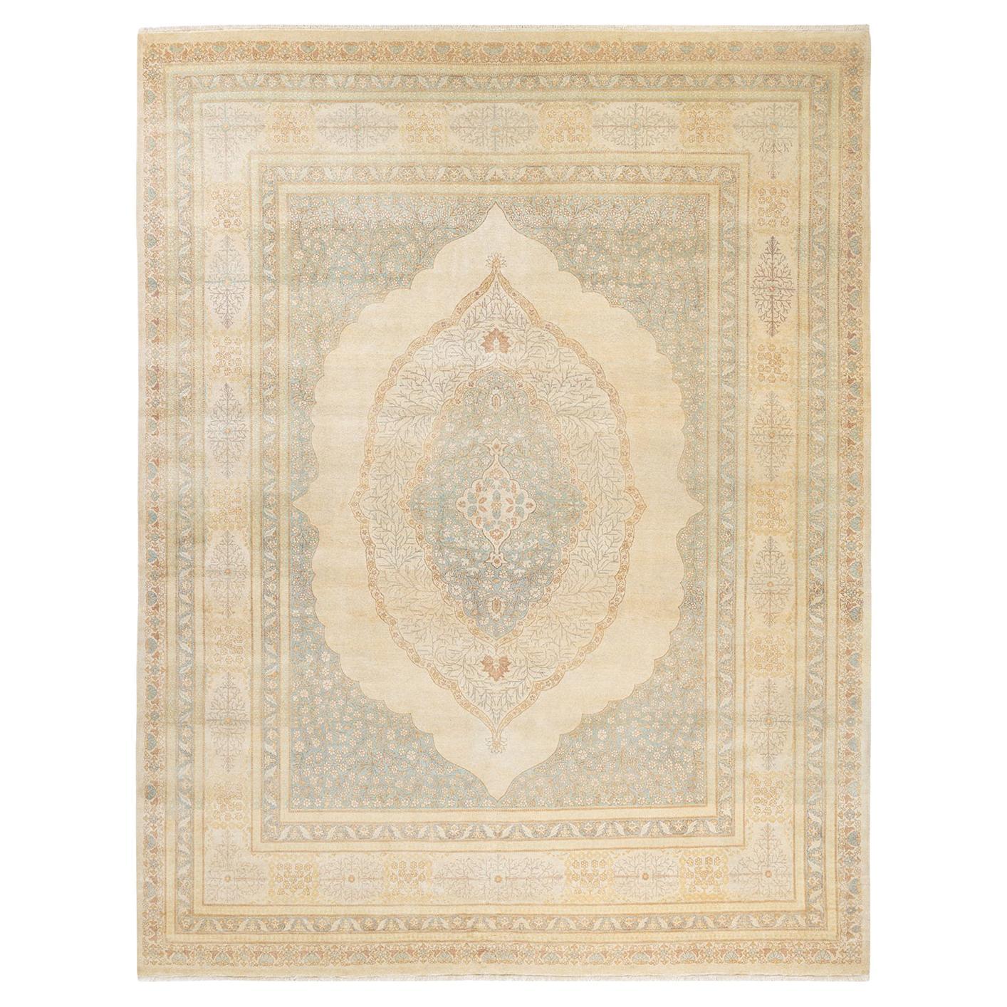 Tapis traditionnel ivoire Mogul unique en son genre fabriqué à la main