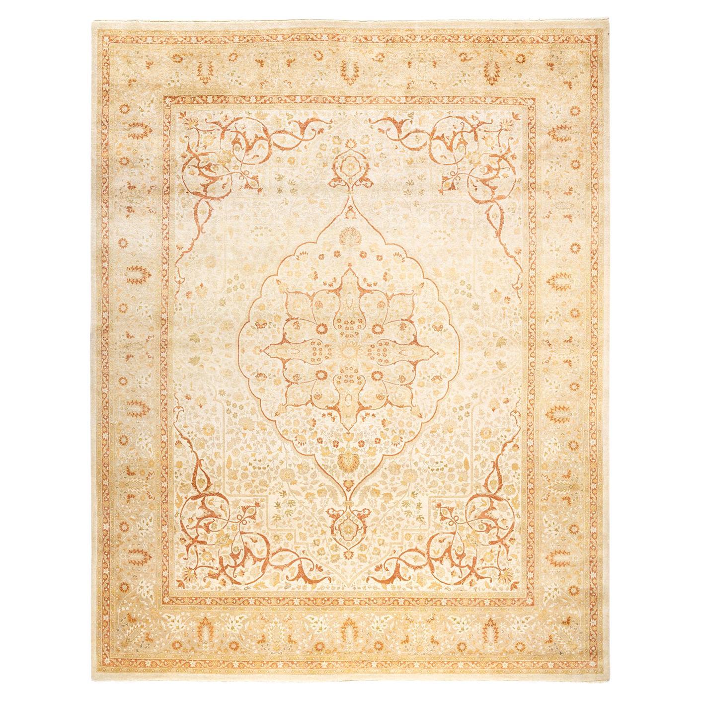 One-Of-A-Kind Hand Made Traditional Mogul Ivory Area Rug