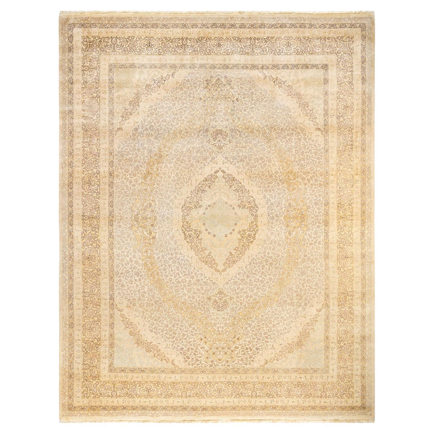 Tapis traditionnel ivoire Mogul unique en son genre fabriqué à la main