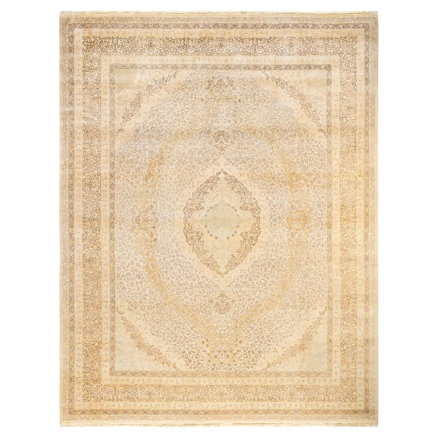 One-Of-A-Kind Hand Made Traditional Mogul Ivory Area Rug