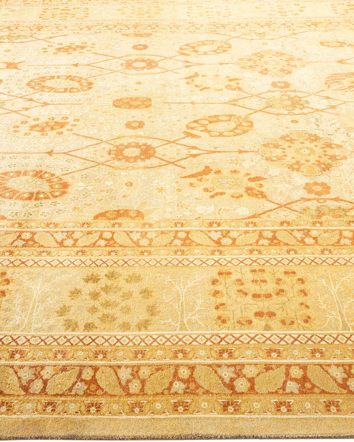 One-of-a-Kind Hand Made Traditional Mogul Ivory Area Rug In New Condition For Sale In Norwalk, CT