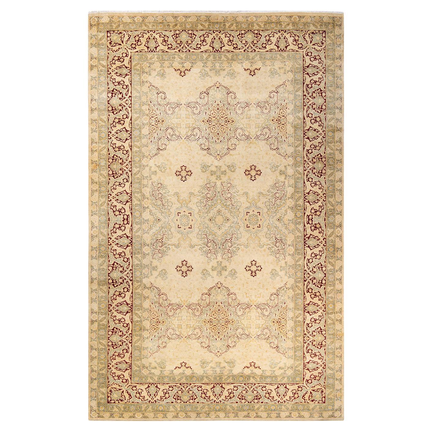 One-of-a-Kind Hand Made Traditional Mogul Ivory Area Rug