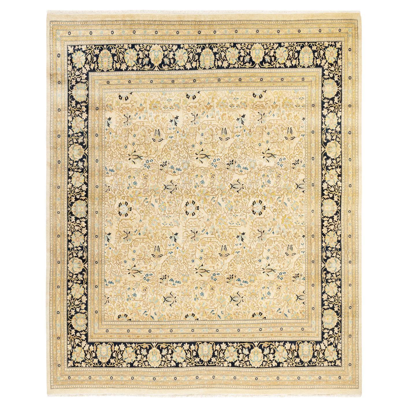 One-Of-A-Kind Hand Made Traditional Mogul Ivory Area Rug For Sale
