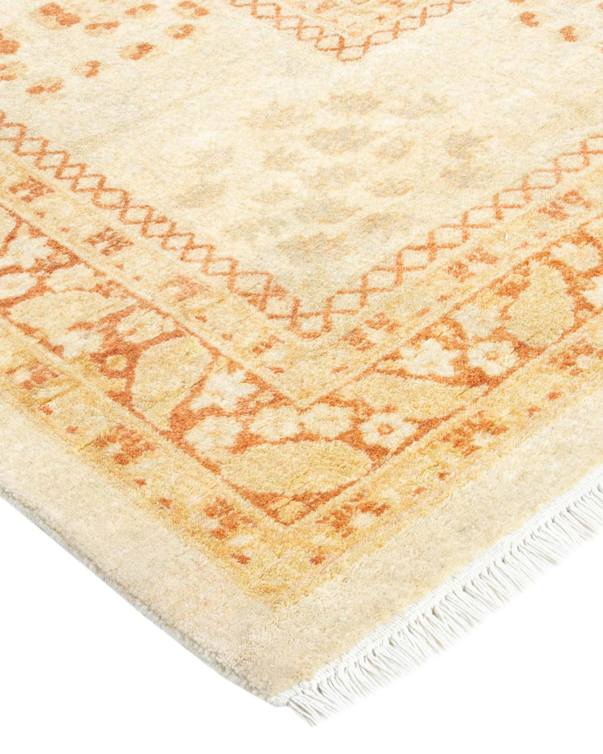 Wool One-Of-A-Kind Hand Made Traditional Mogul Ivory Area Rug For Sale