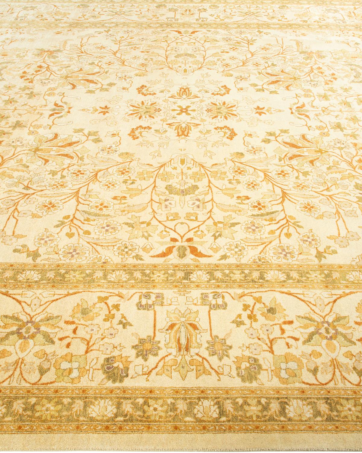 Contemporary One-of-a-Kind Hand Made Traditional Mogul Ivory Area Rug For Sale