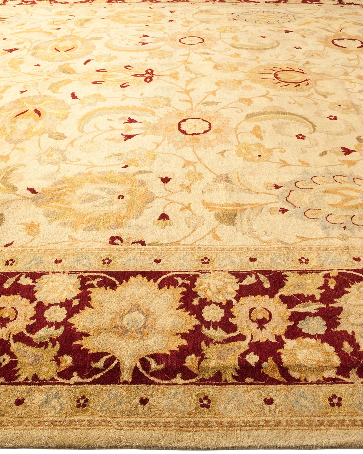 One-of-a-Kind Hand Made Traditional Mogul Ivory Area Rug In New Condition For Sale In Norwalk, CT