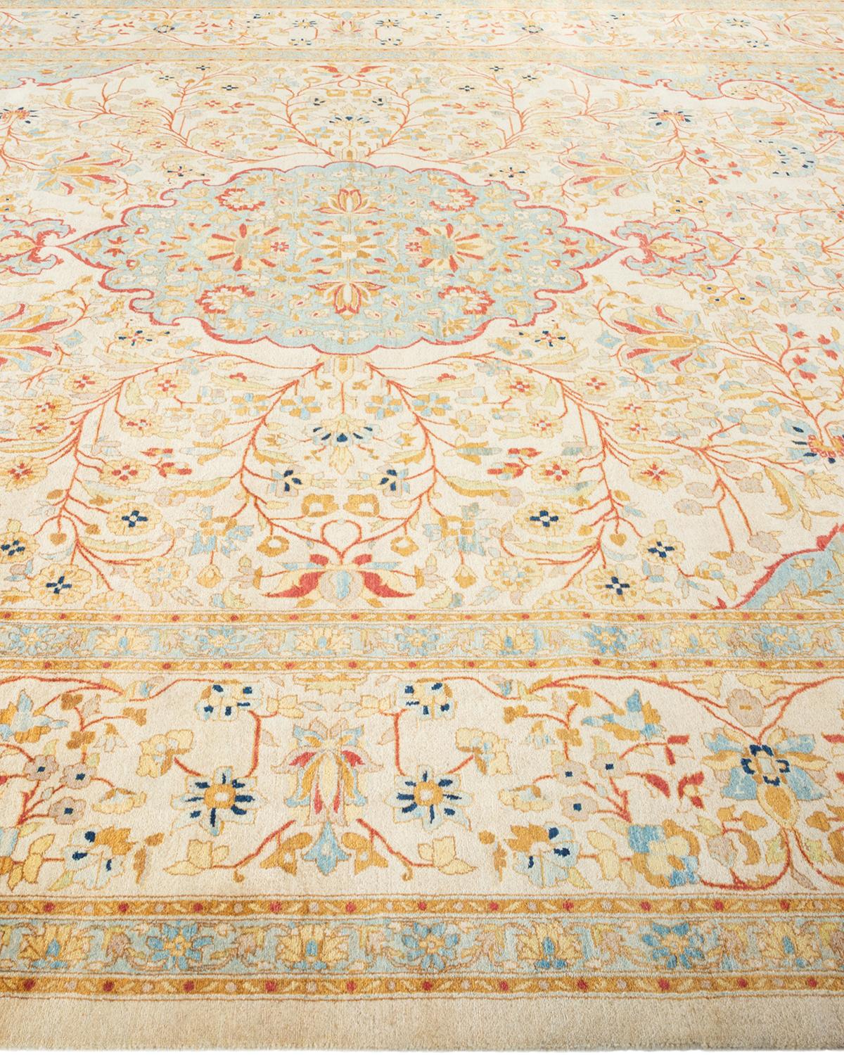 One-of-a-Kind Hand Made Traditional Mogul Ivory Area Rug In New Condition For Sale In Norwalk, CT