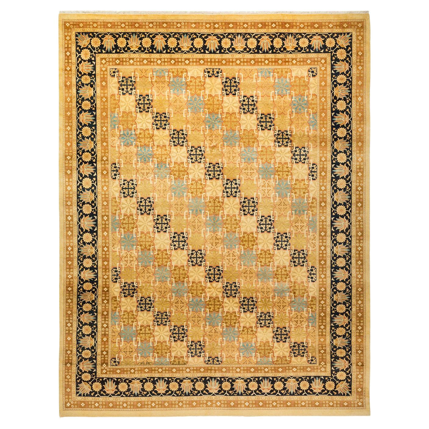 Traditioneller handgefertigter elfenbeinfarbener Mogul-Teppich, Unikat