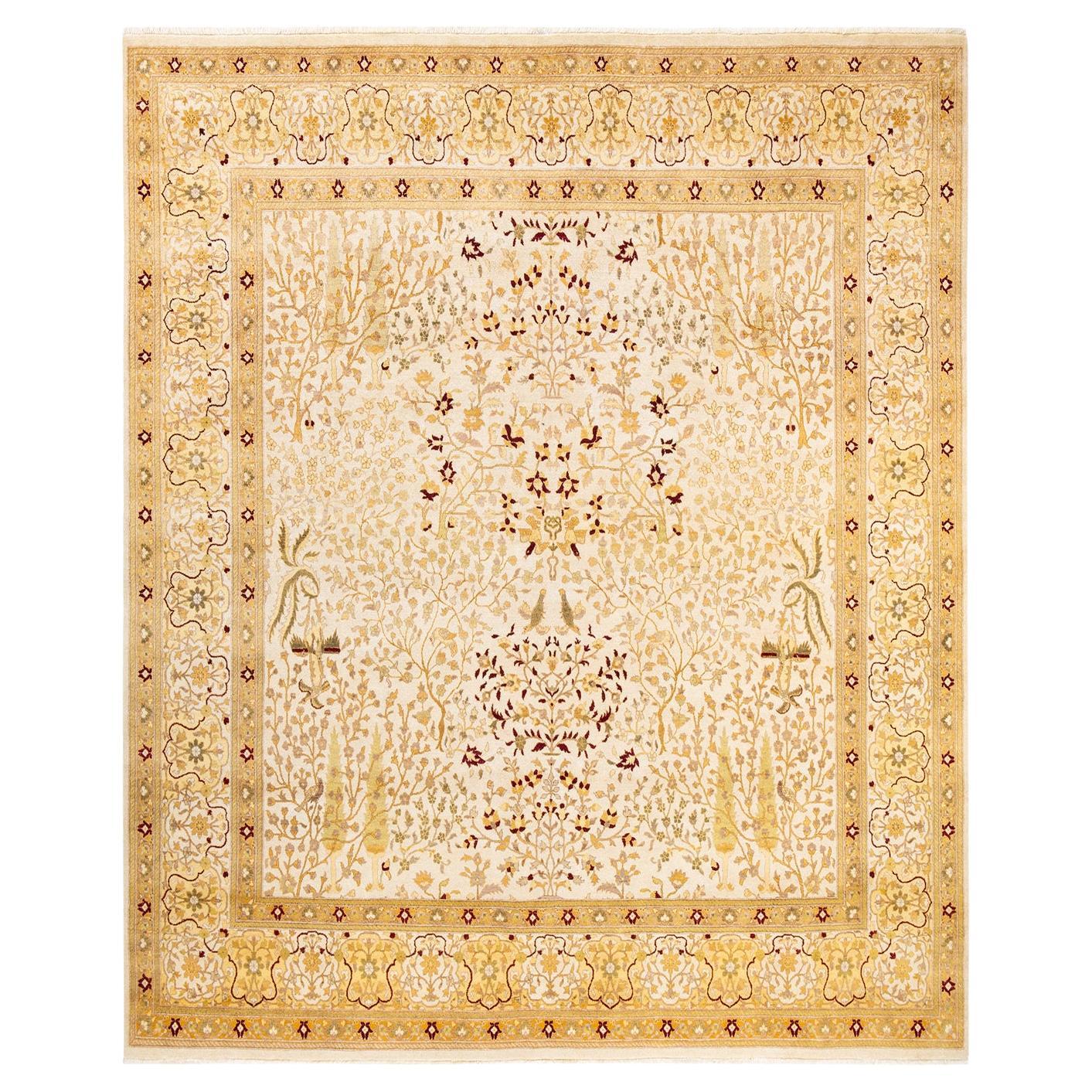 One-of-a-Kind Hand Made Traditional Mogul Ivory Area Rug For Sale