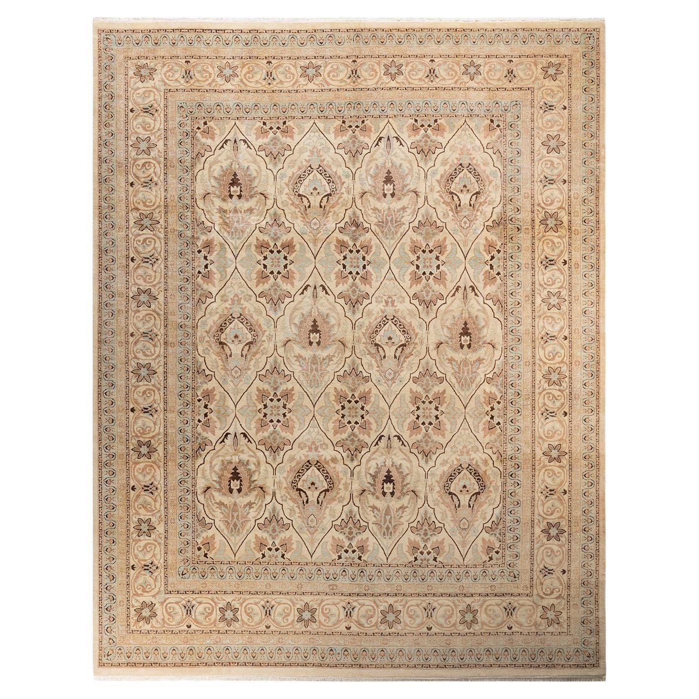 One-Of-A-Kind Hand Made Traditional Mogul Ivory Area Rug