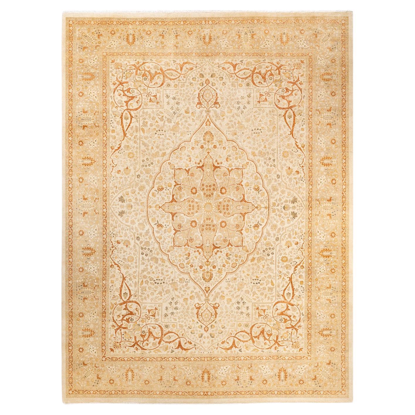 One-of-a-Kind Hand Made Traditional Mogul Ivory Area Rug For Sale