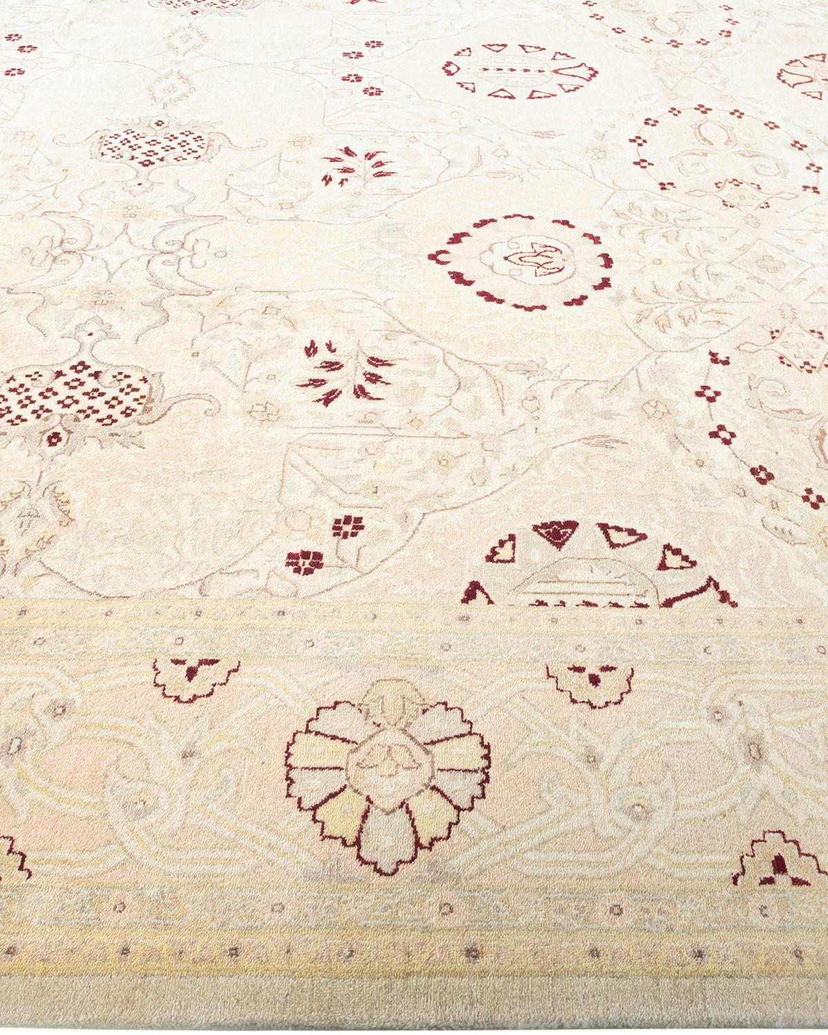 One-Of-A-Kind Hand Made Traditional Mogul Ivory Area Rug In New Condition For Sale In Norwalk, CT