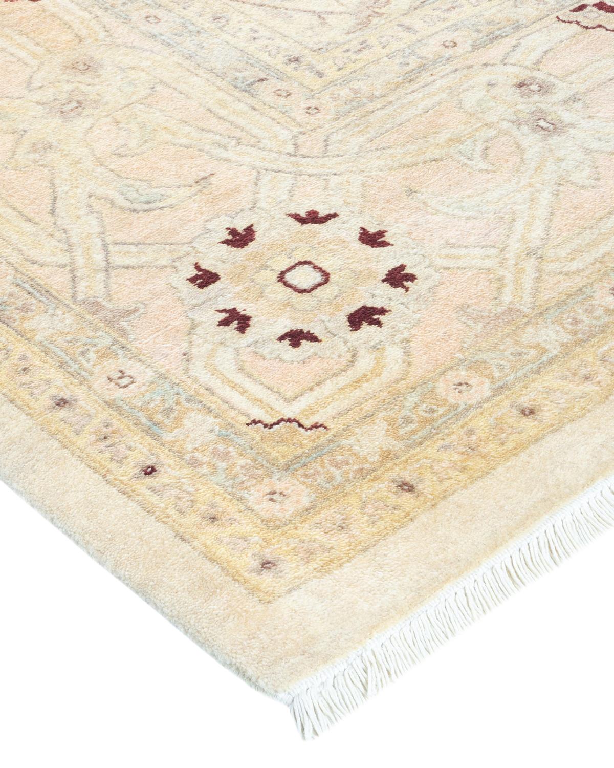 Wool One-Of-A-Kind Hand Made Traditional Mogul Ivory Area Rug For Sale