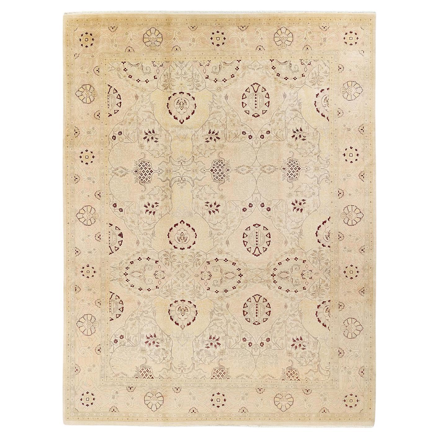 One-Of-A-Kind Hand Made Traditional Mogul Ivory Area Rug
