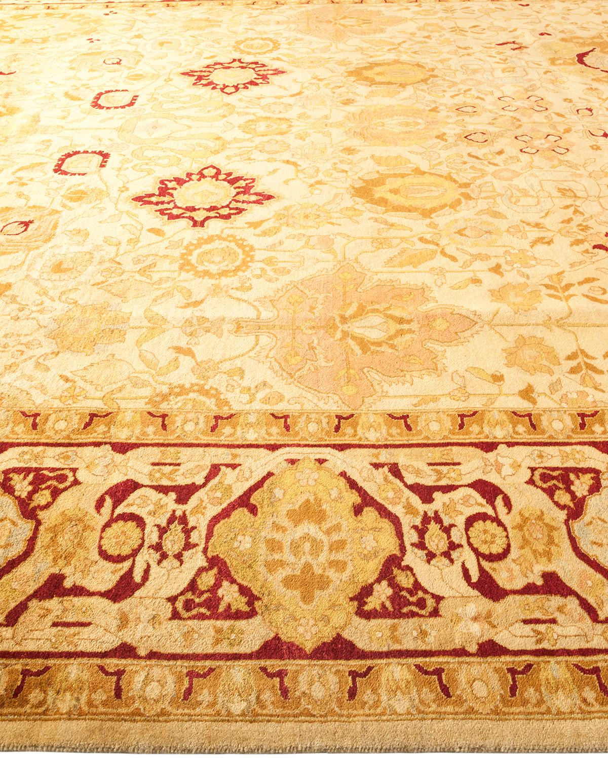 One-of-a-Kind Hand Made Traditional Mogul Ivory Area Rug In New Condition For Sale In Norwalk, CT