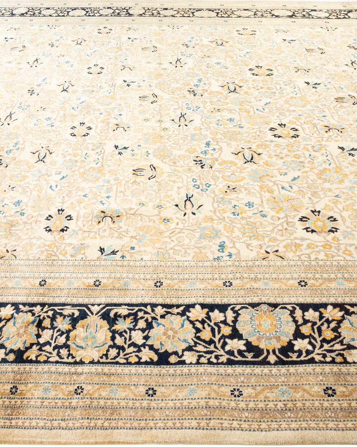 One-Of-A-Kind Hand Made Traditional Mogul Ivory Area Rug In New Condition For Sale In Norwalk, CT