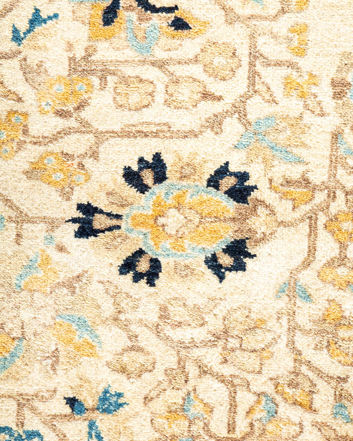 Contemporary One-Of-A-Kind Hand Made Traditional Mogul Ivory Area Rug For Sale