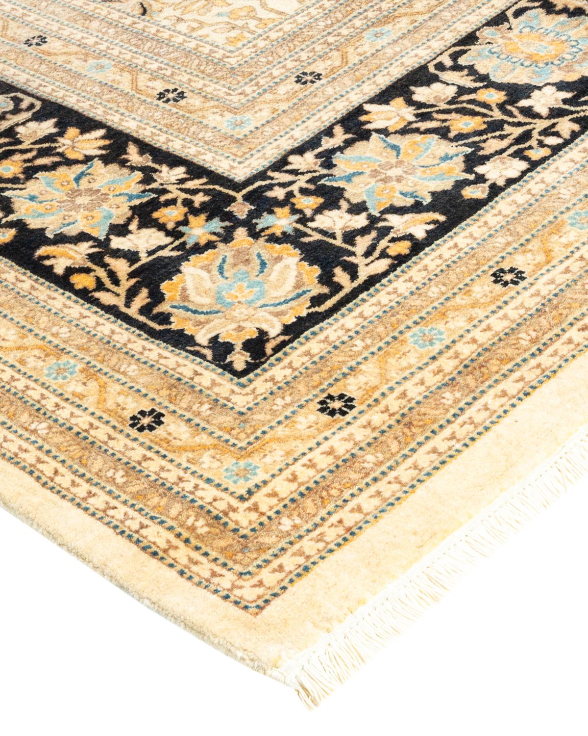Wool One-Of-A-Kind Hand Made Traditional Mogul Ivory Area Rug For Sale