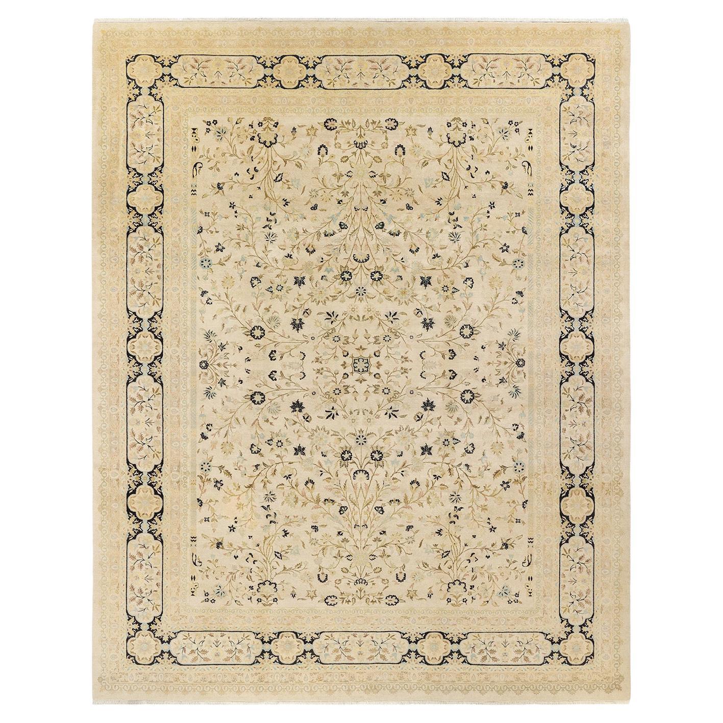 Tapis traditionnel ivoire Mogul unique en son genre fabriqué à la main