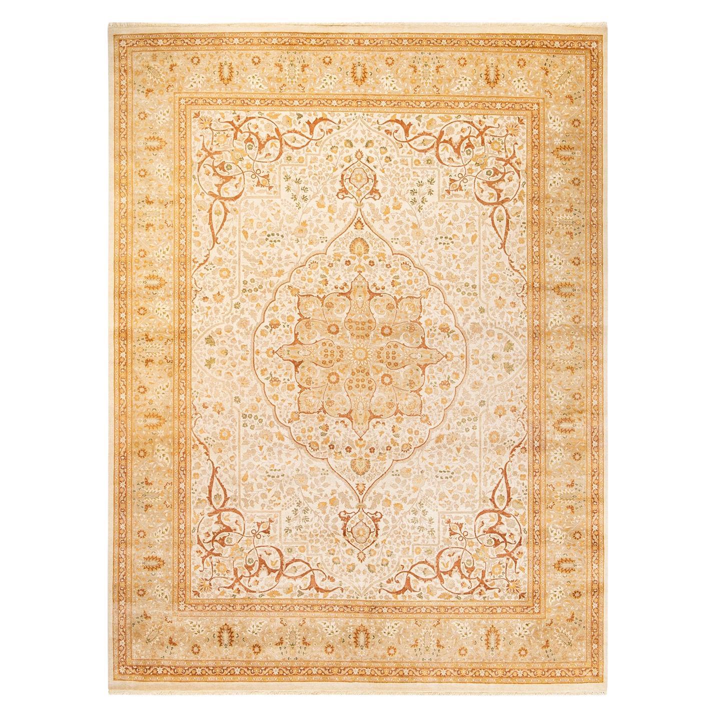 One-Of-A-Kind Hand Made Traditional Mogul Ivory Area Rug