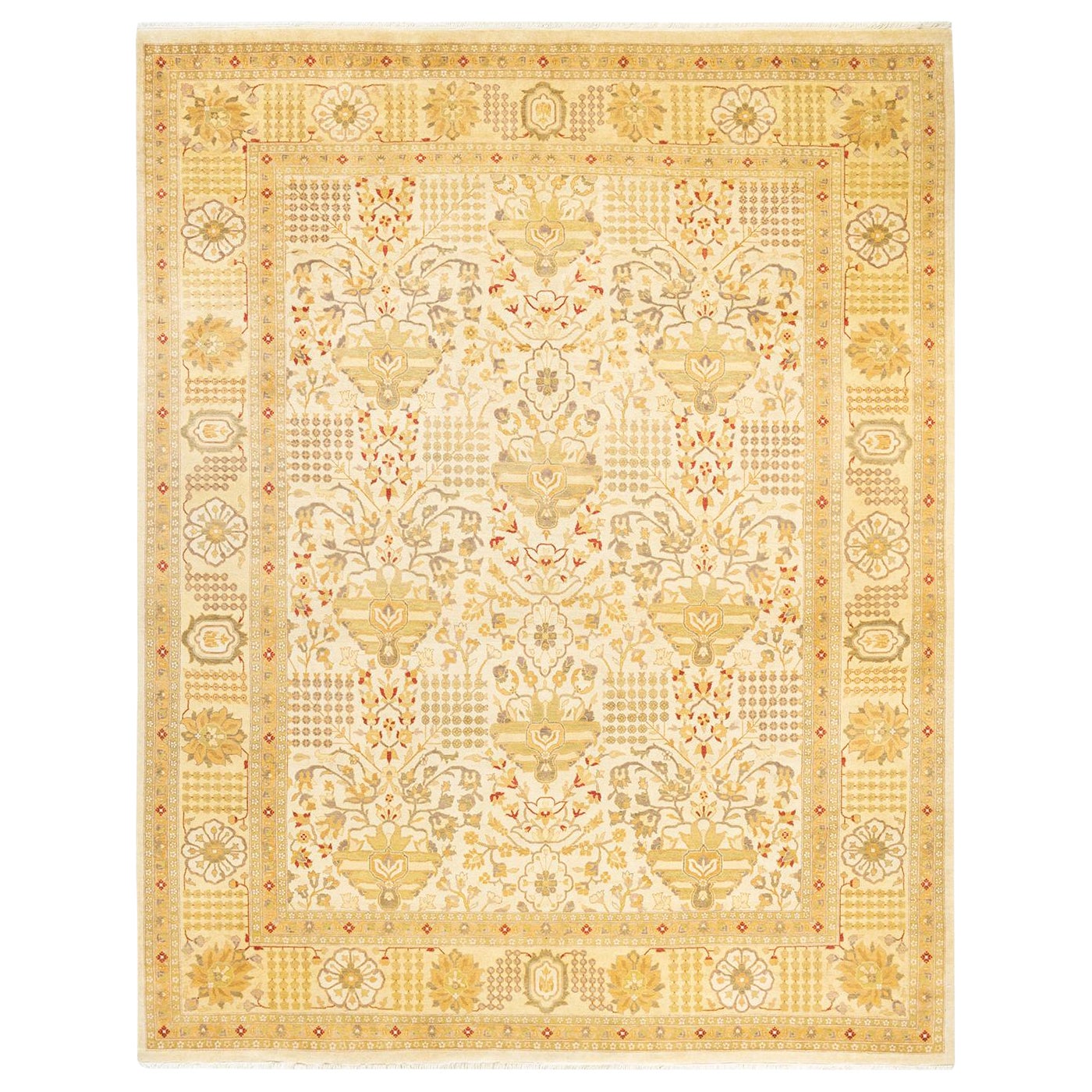 Tapis traditionnel ivoire Mogul unique en son genre fabriqué à la main