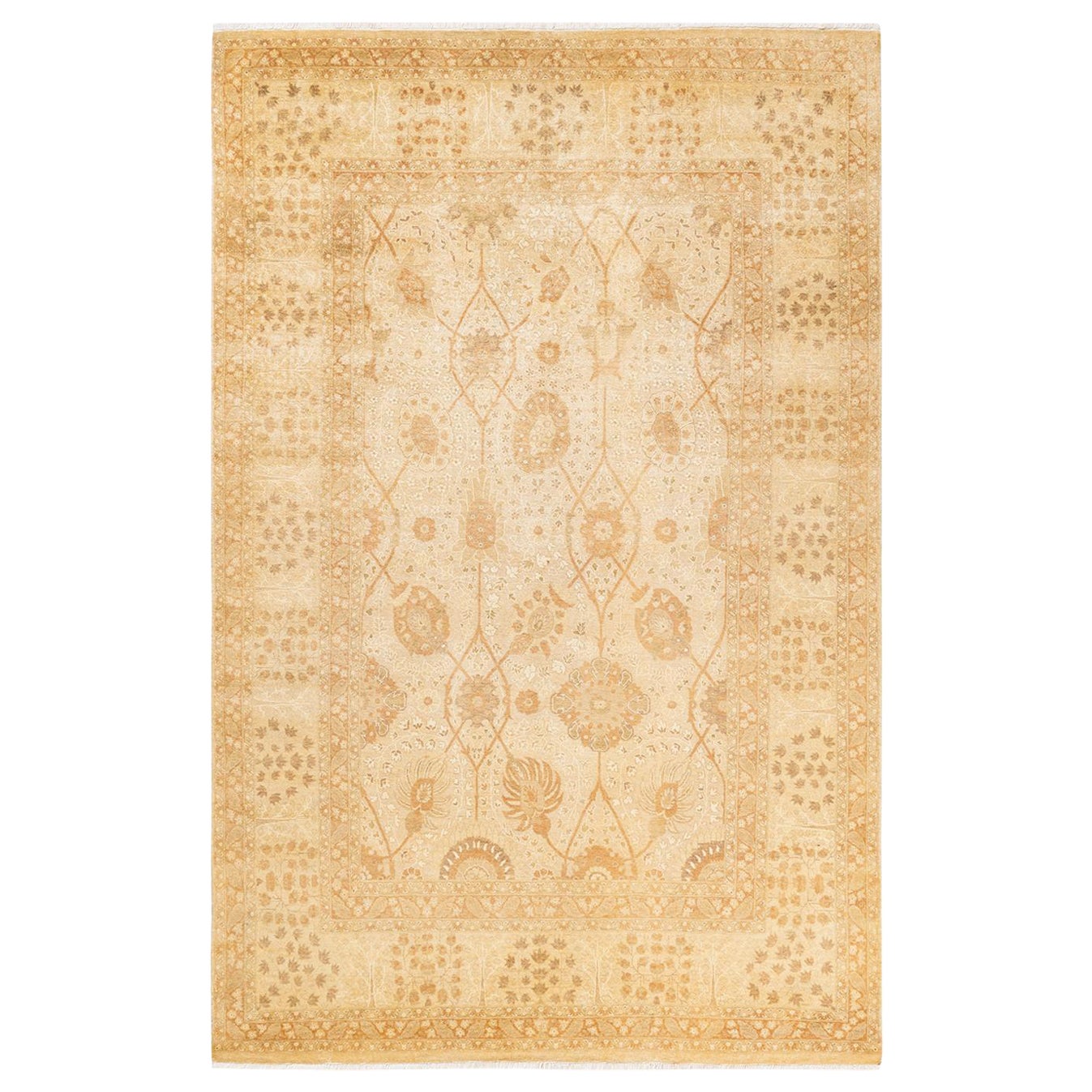 One-Of-A-Kind Hand Made Traditional Mogul Ivory Area Rug For Sale