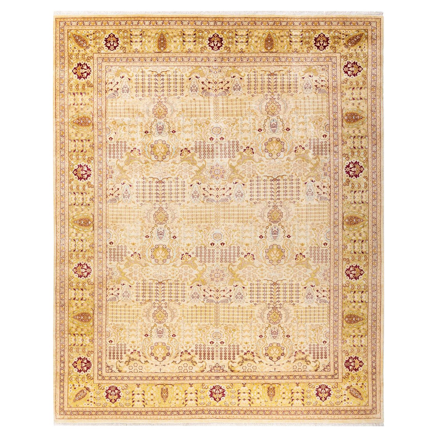Tapis traditionnel ivoire Mogul unique en son genre fabriqué à la main