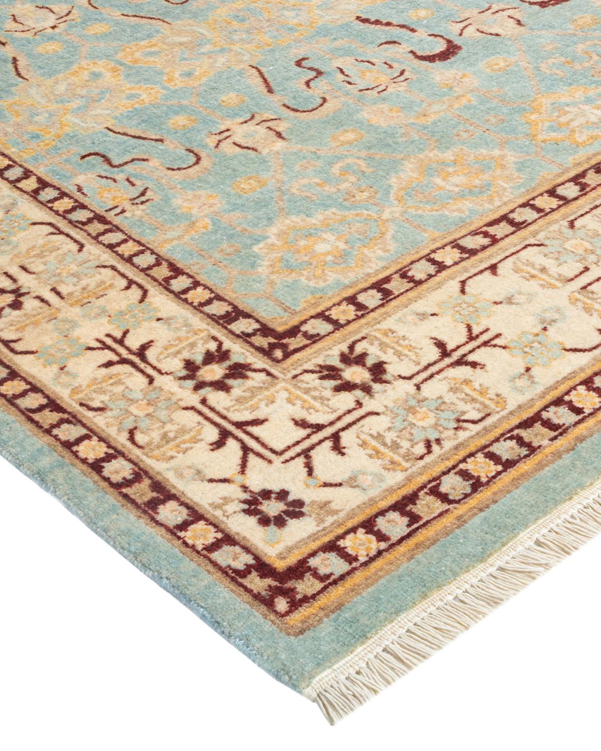 Wool One-Of-A-Kind Hand Made Traditional Mogul Light Blue Area Rug For Sale
