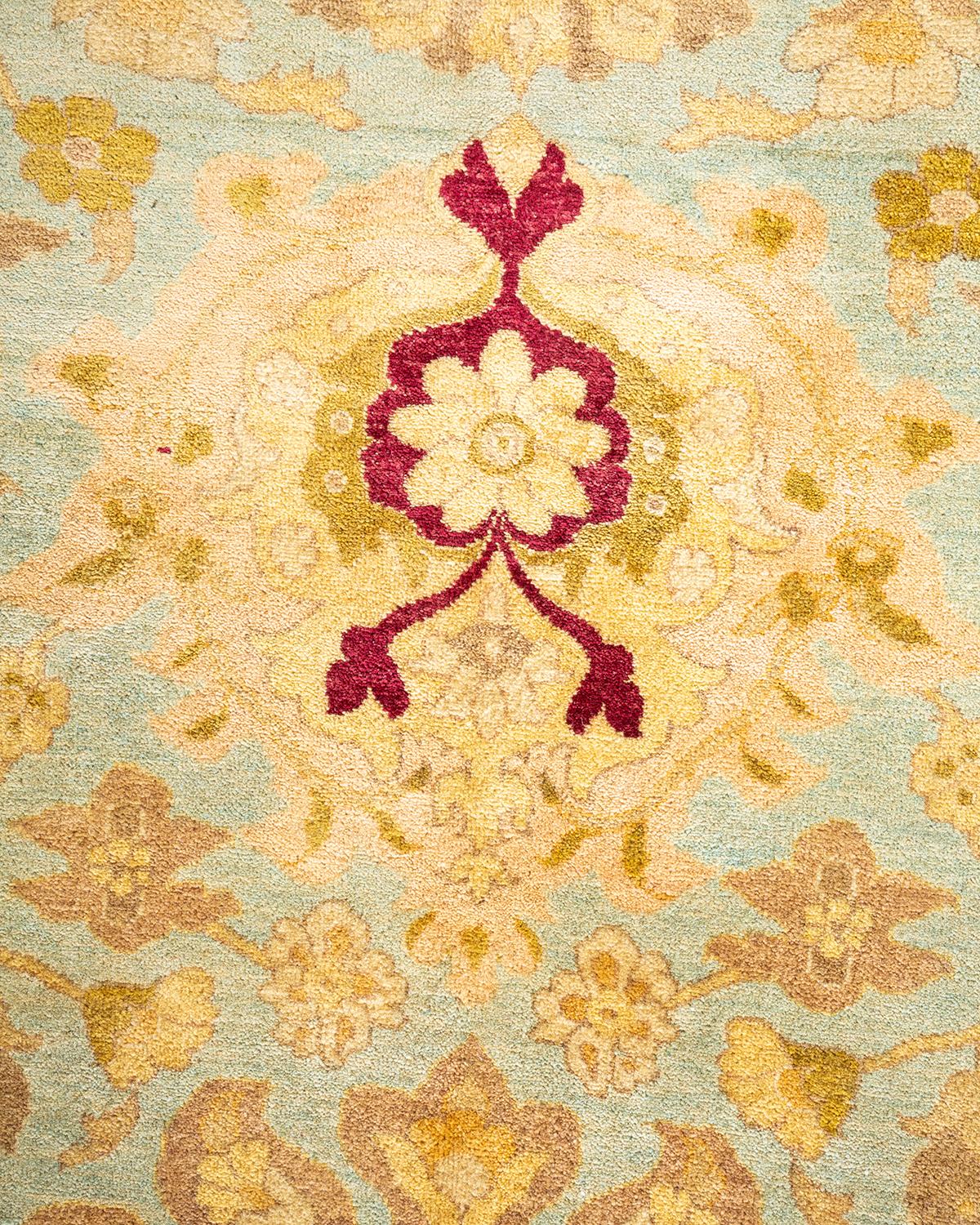 Wool One-Of-A-Kind Hand Made Traditional Mogul Light Blue Area Rug For Sale