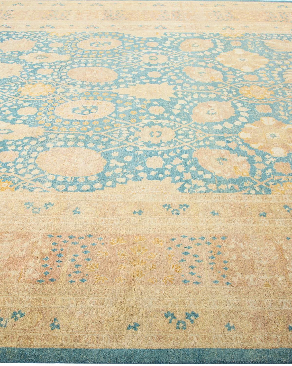 Contemporary One-of-a-Kind Hand Made Traditional Mogul Light Blue Area Rug For Sale