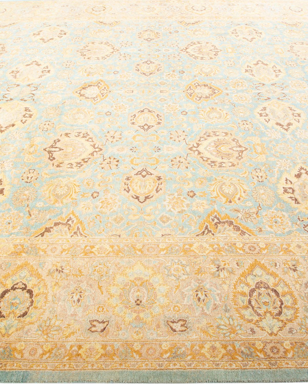 Contemporary One-Of-A-Kind Hand Made Traditional Mogul Light Blue Area Rug For Sale
