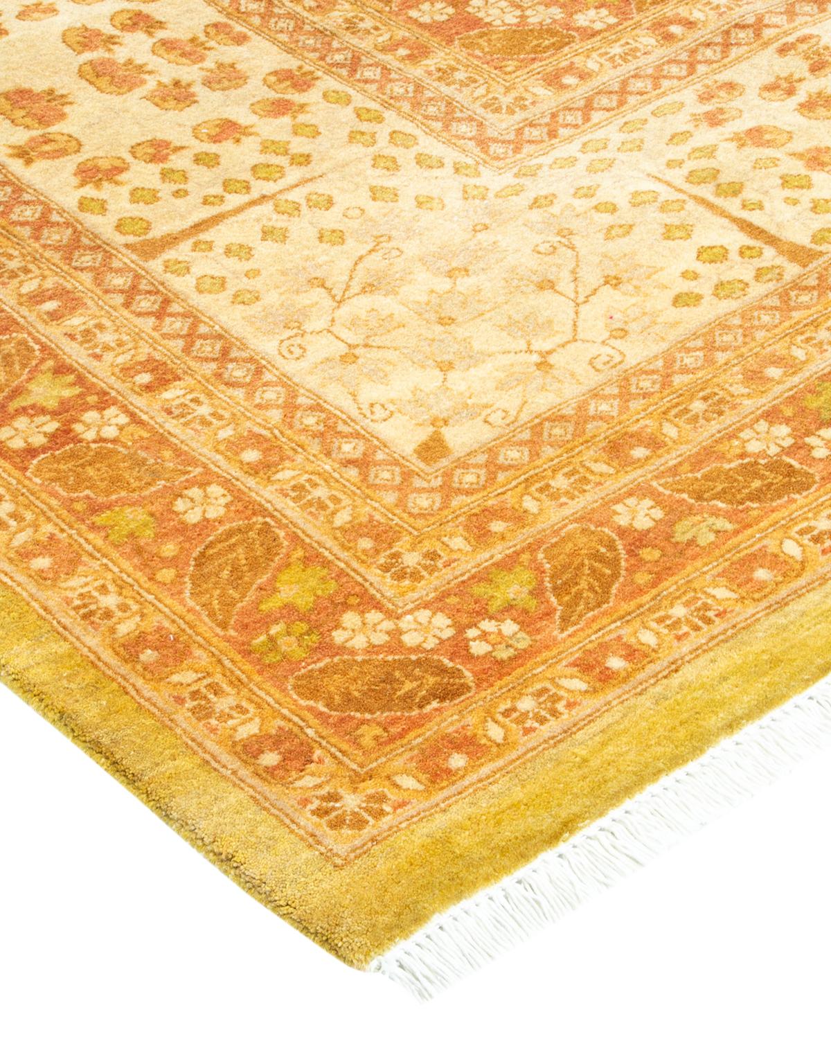 Wool One-of-a-Kind Hand Made Traditional Mogul Lime Area Rug For Sale