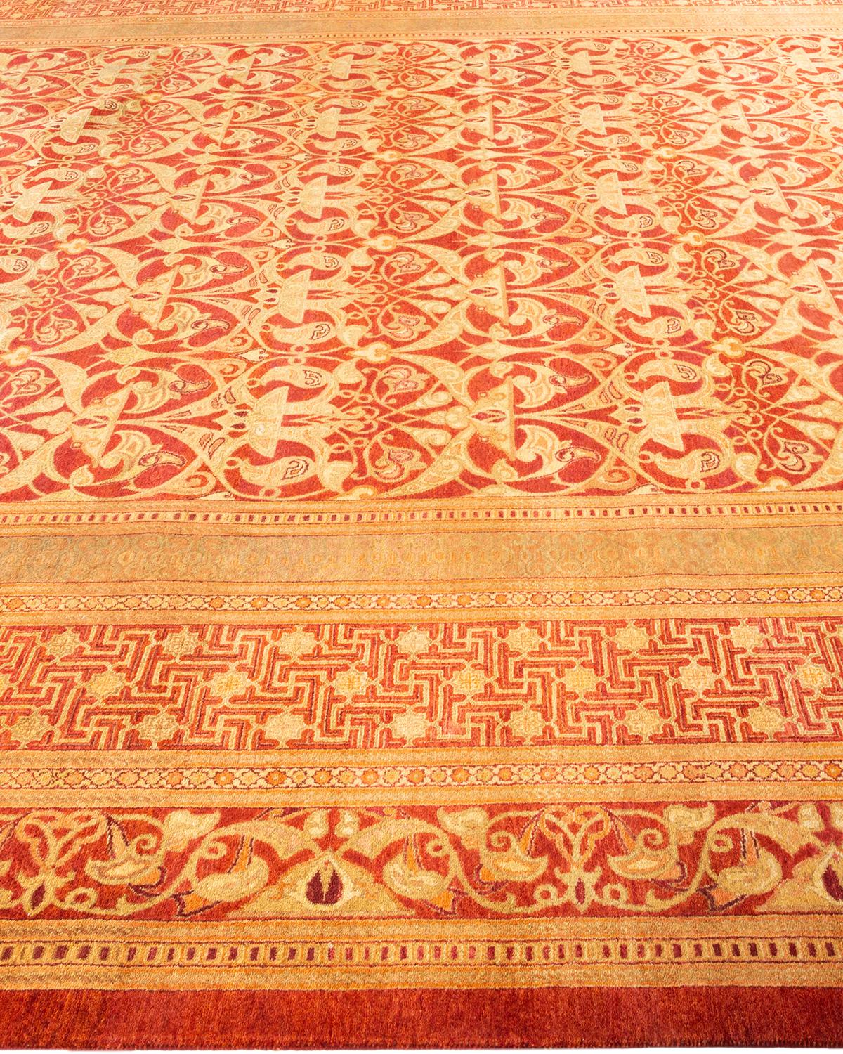 Contemporary One-Of-A-Kind Hand Made Traditional Mogul Orange Area Rug For Sale