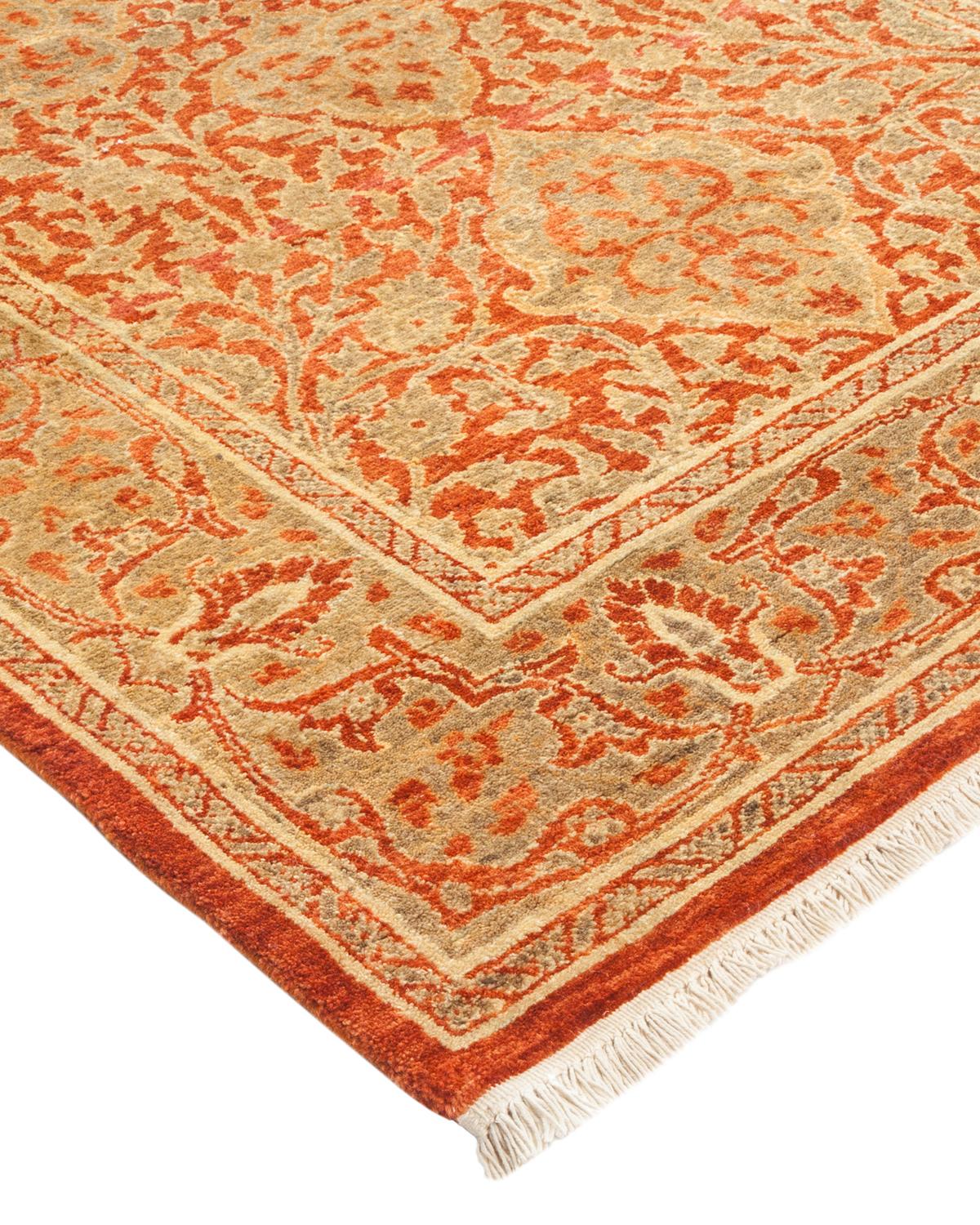 Wool One-Of-A-Kind Hand Made Traditional Mogul Orange Area Rug For Sale