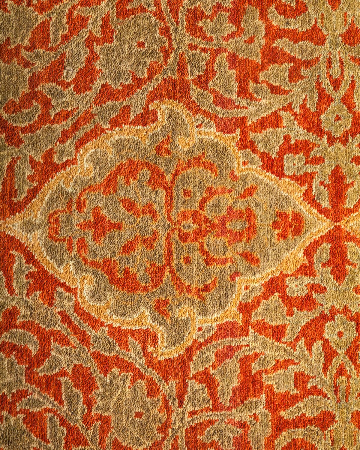 Contemporary One-Of-A-Kind Hand Made Traditional Mogul Orange Area Rug For Sale