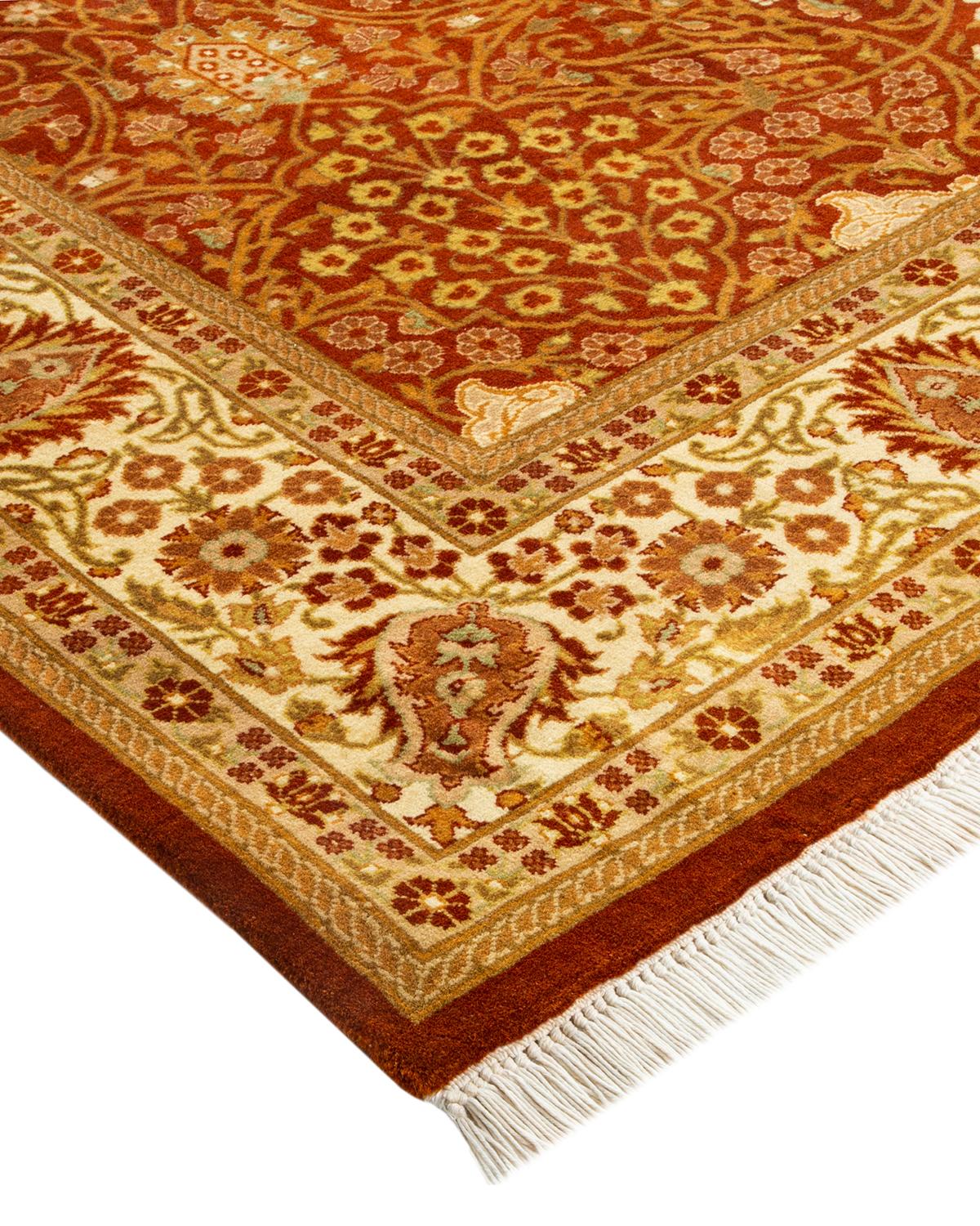 Wool One-Of-A-Kind Hand Made Traditional Mogul Orange Area Rug For Sale
