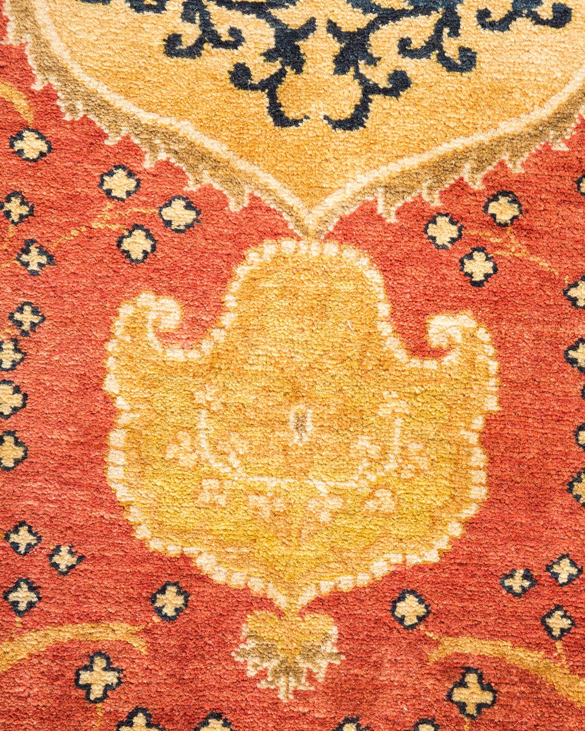 Contemporary One-Of-A-Kind Hand Made Traditional Mogul Orange Area Rug For Sale
