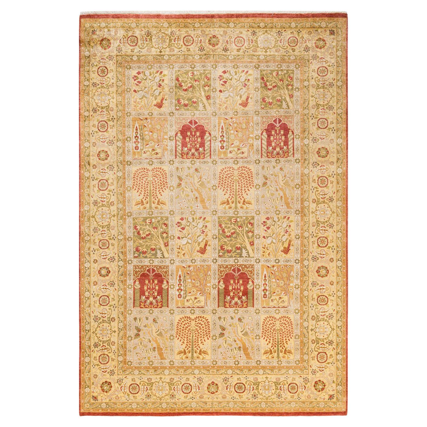 Tapis traditionnel orange Mogul unique en son genre fabriqué à la main